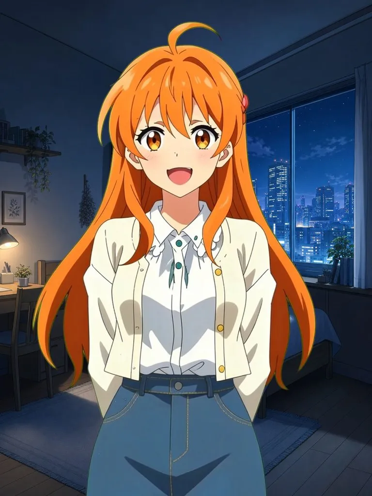 小晴站在夜晚的房間裡