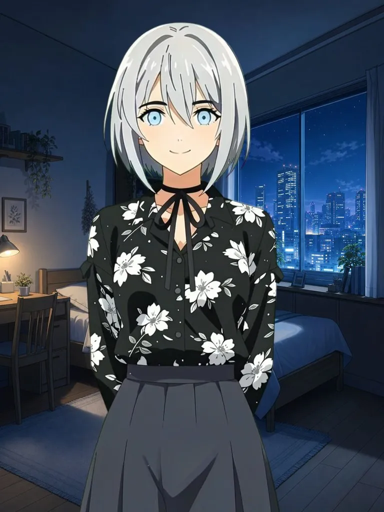 奈奈站在夜晚的房間裡